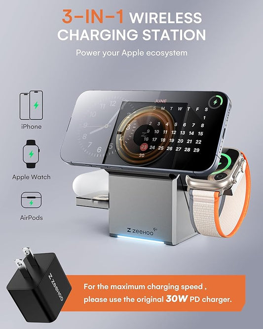 ZEEHOO 3 in 1 Charging Station for Apple, Mag-Safe for iPhone Charger